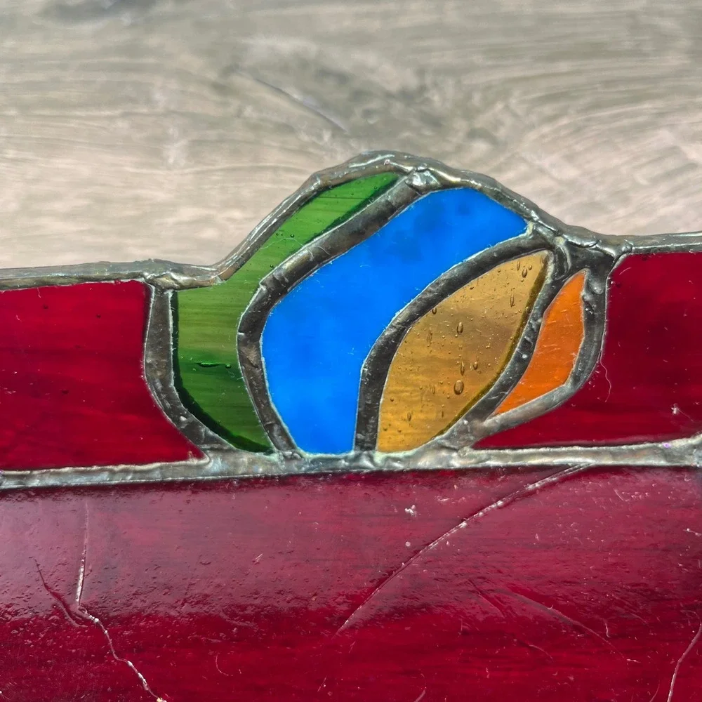 Stained Glass Vanity Catch Tray Red Art Deco Floral Catchall Dish